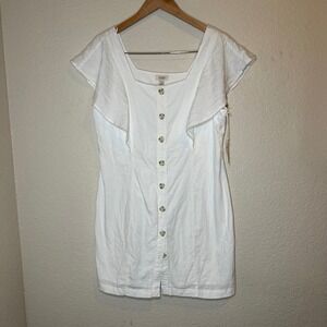 A.N.A. A New Approach Womens L Dress Button Up Linen White Beachy Boho Flutter